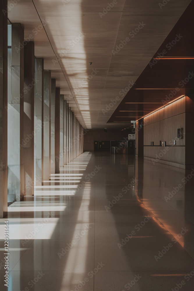 Naklejka premium Sunlit modern hallway with columns