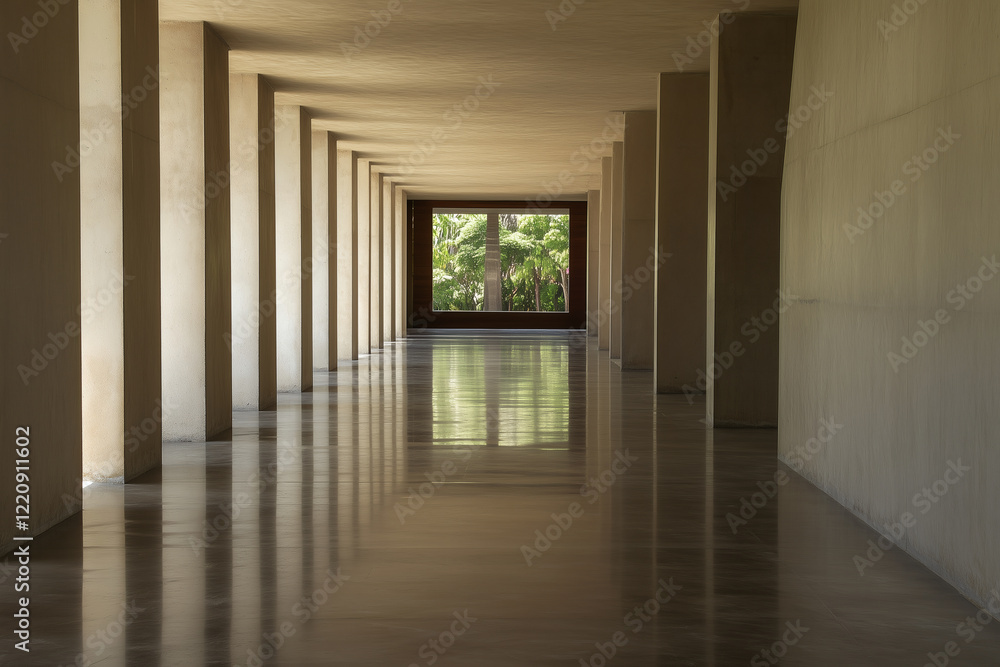 Obraz premium Long corridor with columns and a view
