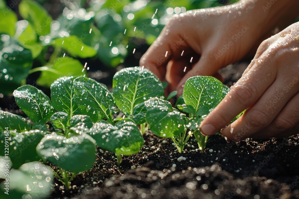 Hands gently planting seedlings in rich soil while water droplets shine in soft sunlight, capturing a moment of growth and care Hands gently planting seedlings in rich soil while water droplets shine in soft sunlight, capturing a moment of growth and care