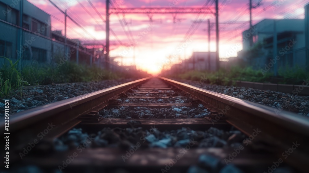 Obraz premium An urban sunset casting vibrant colors over train tracks, framed by buildings and greenery, evoking a sense of city life and evening exploration.