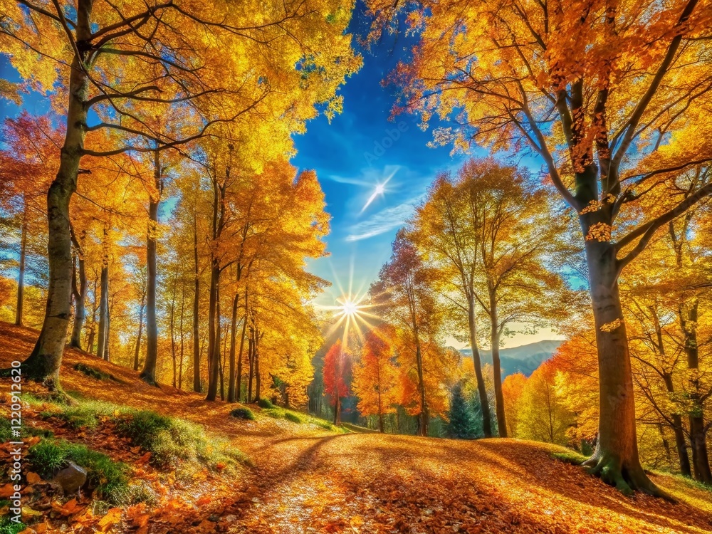 Fototapeta premium Panoramic Autumn Sunlit Nature Background: Golden Forest Landscape