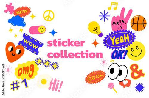 Collection of trendy retro sticker cartoon shapes. Funny comic character art and quote patch bundle. Modern slang word, catchphrase sign, text slogan.
