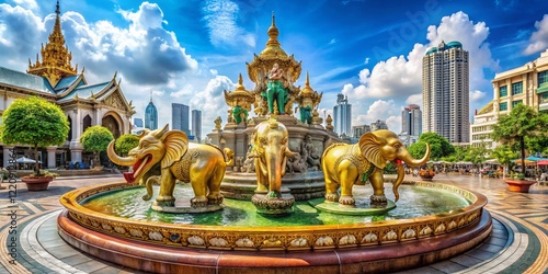 Panoramic Bangkok Erawan Shrine: Three-Headed Elephant Fountain Top View photo