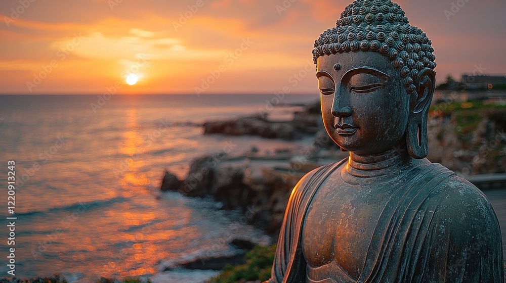 Serene Buddha Statue at Sunset Over Ocean Serene Buddha Statue at Sunset Over Ocean