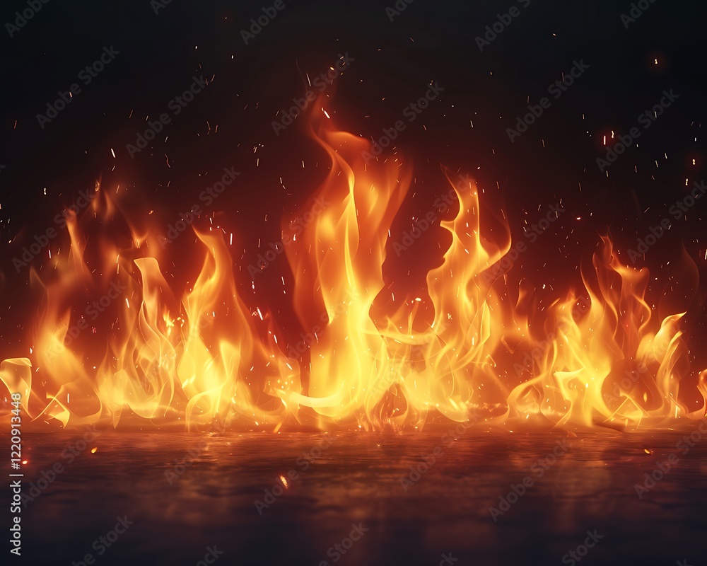 Flickering fire flames against a dark backdrop, perfect for realistic design projects and backgrounds. Flickering fire flames against a dark backdrop, perfect for realistic design projects and backgrounds.