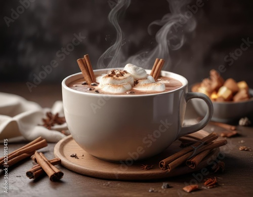 A bowl of steaming hot cocoa with cinnamon sticks floating on top, cinnamon sticks, cozy cup, winter treats photo