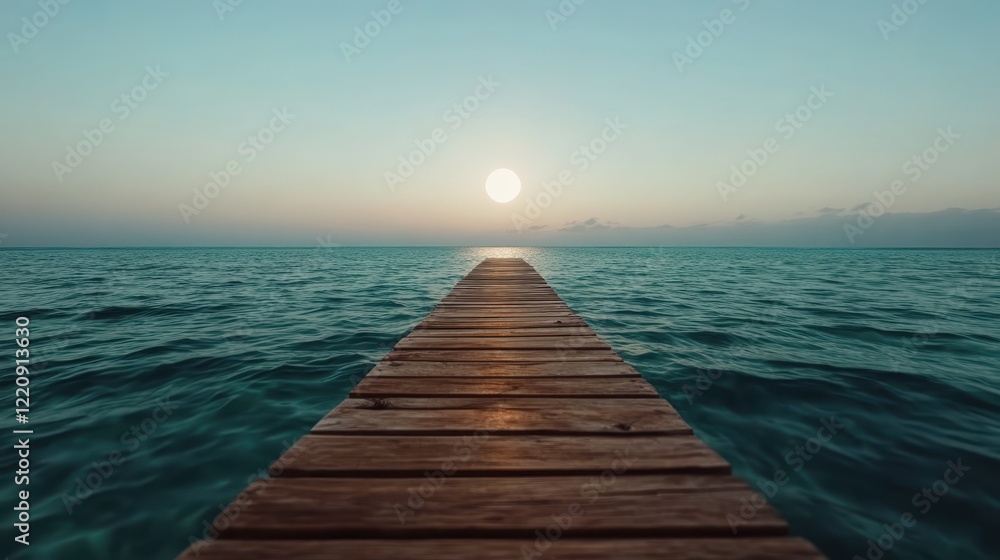 Obraz premium An idyllic wooden pier stretching towards the horizon as the sun rises, creating a stunning display of colors that symbolizes new beginnings and hope.