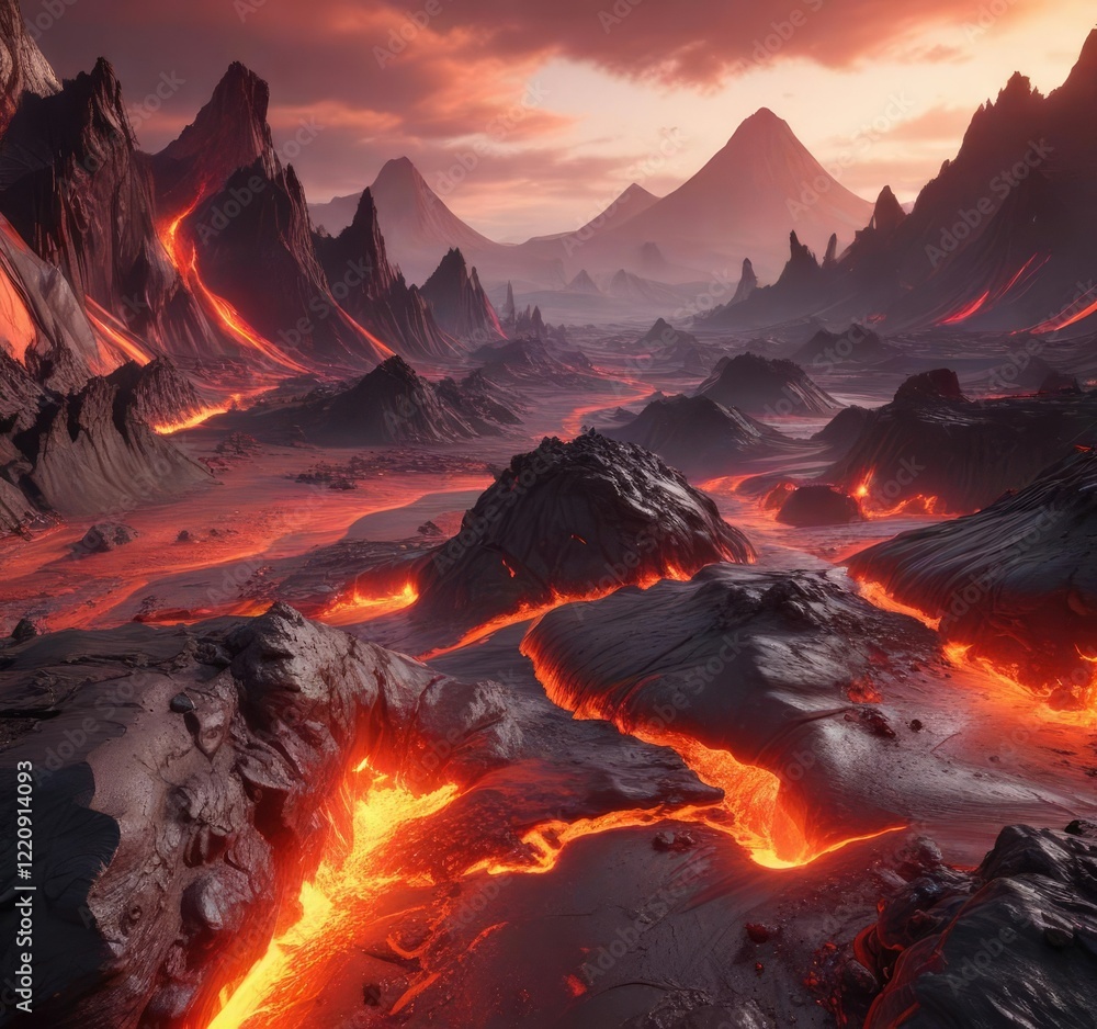 Naklejka premium Ancient volcanic landscape with molten lava flows and red voids, ancient rock, natural wonders