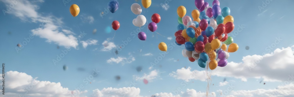A bunch of balloons in different colors are blowing upwards towards the sky amidst gentle breeze, light, skyward A bunch of balloons in different colors are blowing upwards towards the sky amidst gentle breeze, light, skyward