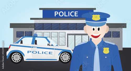 Policeman in front of police station and car. vector