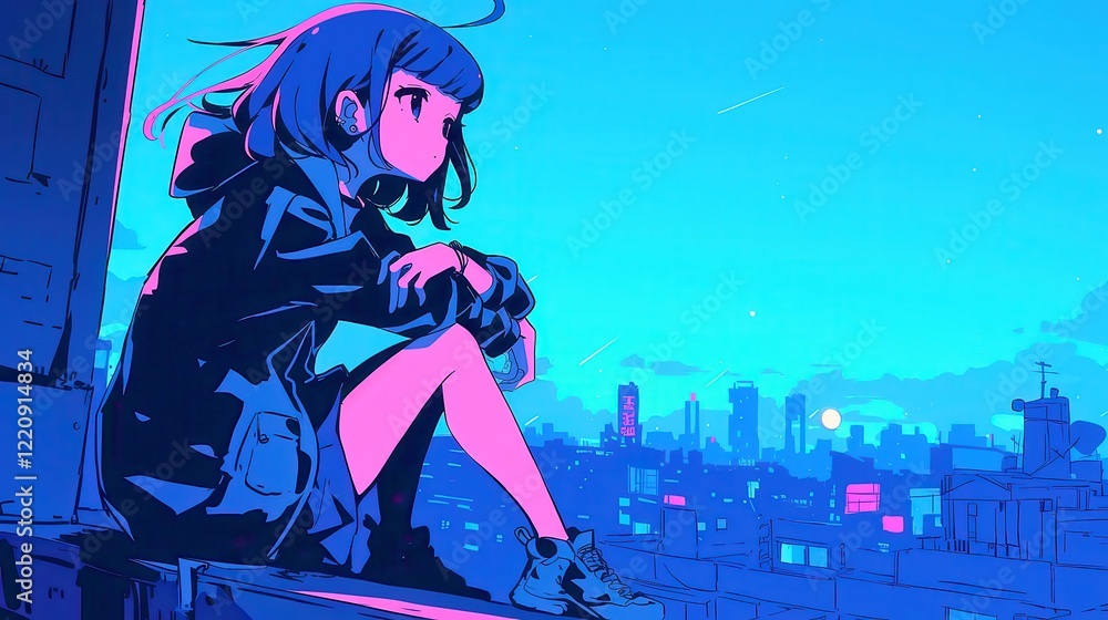 Neon Dreams of the Night, vibrant city pop illustration featuring a young woman on a rooftop, bold black outlines, simple colors, and a cool neon-lit urban backdrop. Neon Dreams of the Night, vibrant city pop illustration featuring a young woman on a rooftop, bold black outlines, simple colors, and a cool neon-lit urban backdrop.