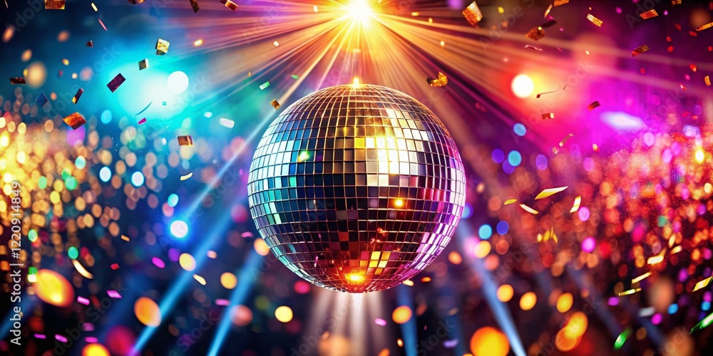 Fototapeta premium Panoramic Disco Ball Explosion: Glittering 70s Retro Party Scene