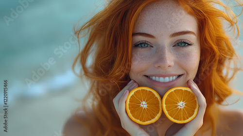 Woman with vibrant red hair holds two orange halves at the beach during a sunny day