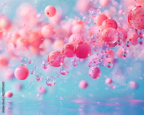 Floating pink and red bubbles, pastel water surface, abstract oil texture, flat lay composition, dreamy design. photo