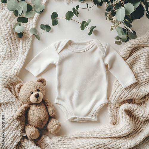White baby onesie mockup, flat lay, boho style, cozy blanket and teddy bear nearby