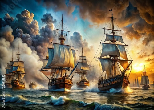 Wallpaper Mural Dramatic Naval Battle: Historic Sailing Ships Clashing in Turbulent Seas Torontodigital.ca
