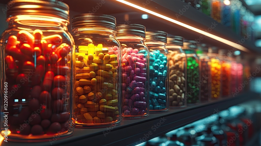 A collection of glass jars is arranged in a row on a dark surface, A collection of glass jars is arranged in a row on a dark surface,