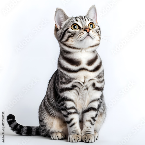 Adorable the American shorthair tabby breed, sitting on white background photo