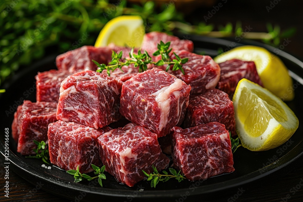 Perfectly marbled Wagyu beef cubes with fresh herbs and lemon ready for grilling and culinary delight Perfectly marbled Wagyu beef cubes with fresh herbs and lemon ready for grilling and culinary delight