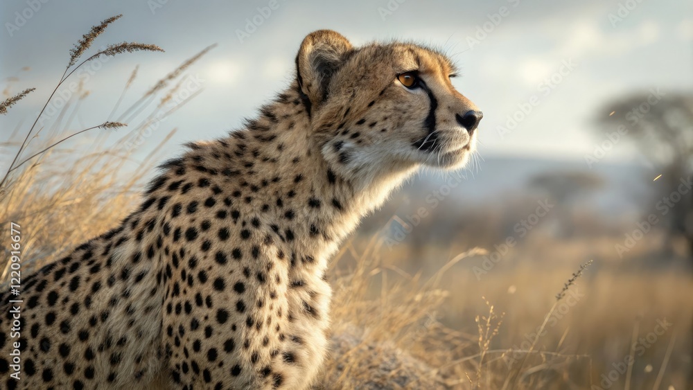 A cheetah is photographed with its ears forward and eyes scanning the surroundings, alert, vigilant A cheetah is photographed with its ears forward and eyes scanning the surroundings, alert, vigilant