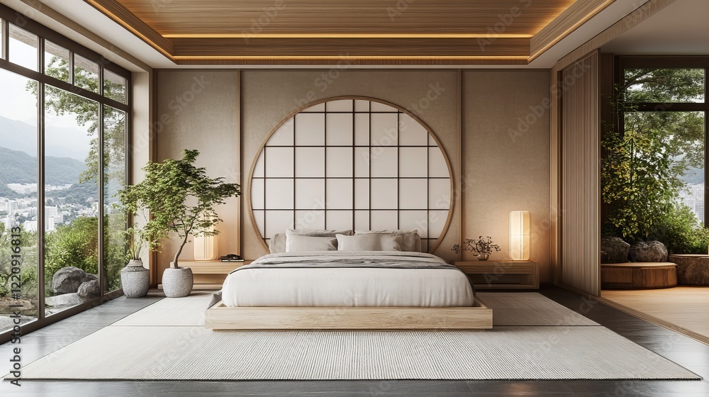 Fototapeta premium Cozy and Inviting Bedroom Featuring a Spacious Bed with Soft Linens and a Large Window Allowing Natural Light to Fill the Room Creating a Warm and Relaxing Atmosphere for Rest