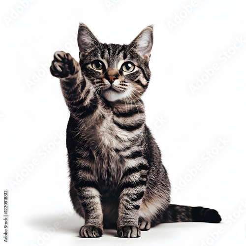 Adorable the American shorthair tabby breed is reaching up with its paw , sitting on white background photo