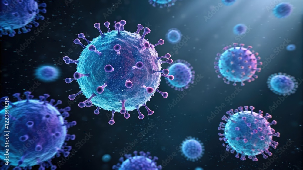 A cluster of glowing blue and purple viral spheres suspended in a dark background, abstract virology, fractal art, cellular patterns, blue light, science inspired A cluster of glowing blue and purple viral spheres suspended in a dark background, abstract virology, fractal art, cellular patterns, blue light, science inspired