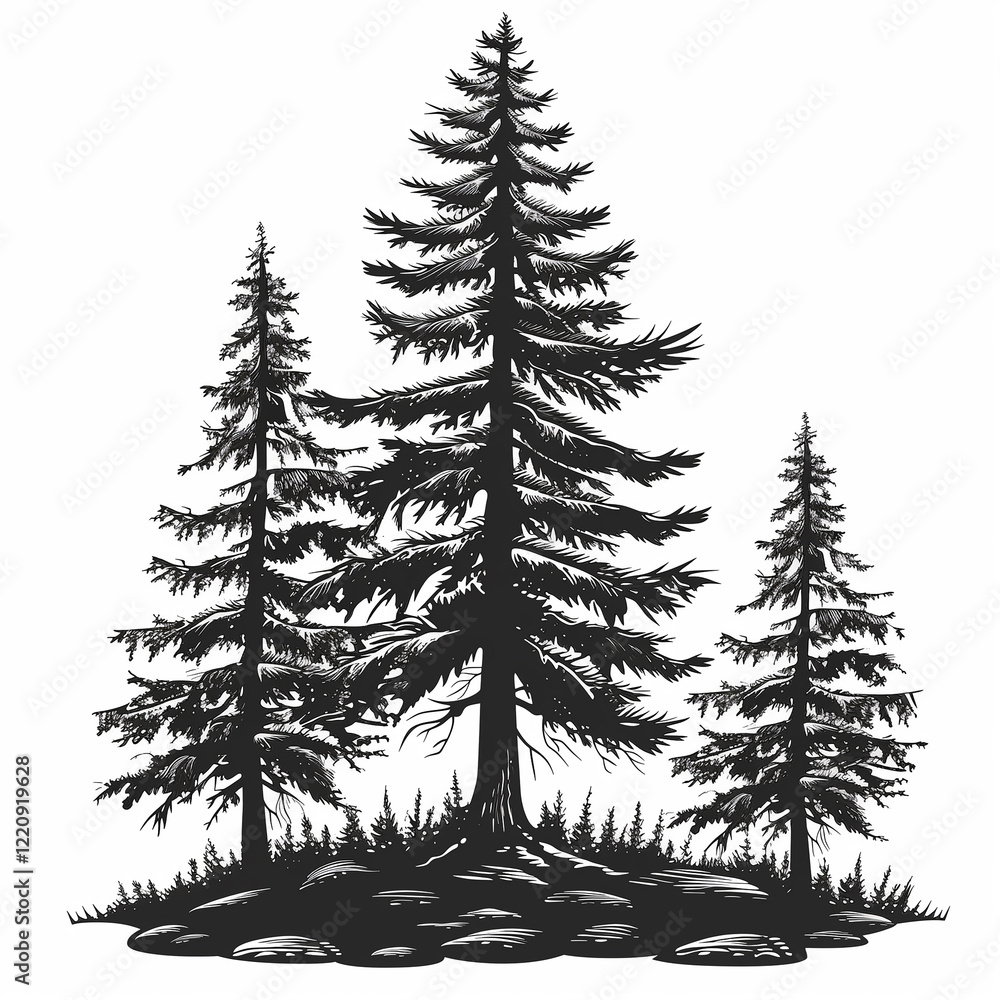 Fototapeta premium Silhouettes of majestic evergreen trees in a tranquil forest.