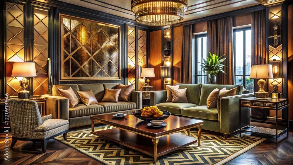 Elegant Art Deco Interior Design: Luxurious Living Room with Geometric Patterns and Deep Focus Elegant Art Deco Interior Design: Luxurious Living Room with Geometric Patterns and Deep Focus