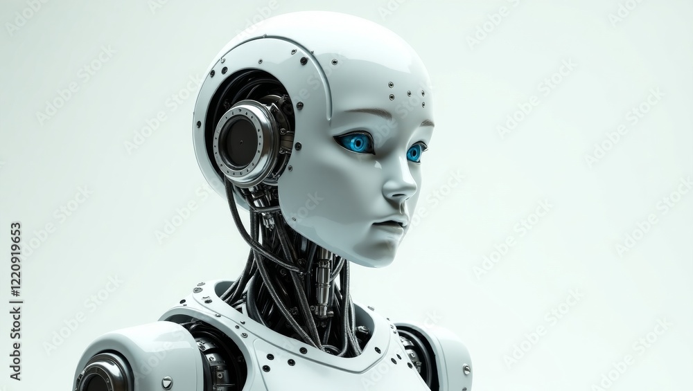 Futuristic humanoid robot with blue glowing eyes and mechanical details. Ideal for AI, robotics, technology themes. Clean, minimalistic background for modern projects. Futuristic humanoid robot with blue glowing eyes and mechanical details. Ideal for AI, robotics, technology themes. Clean, minimalistic background for modern projects.