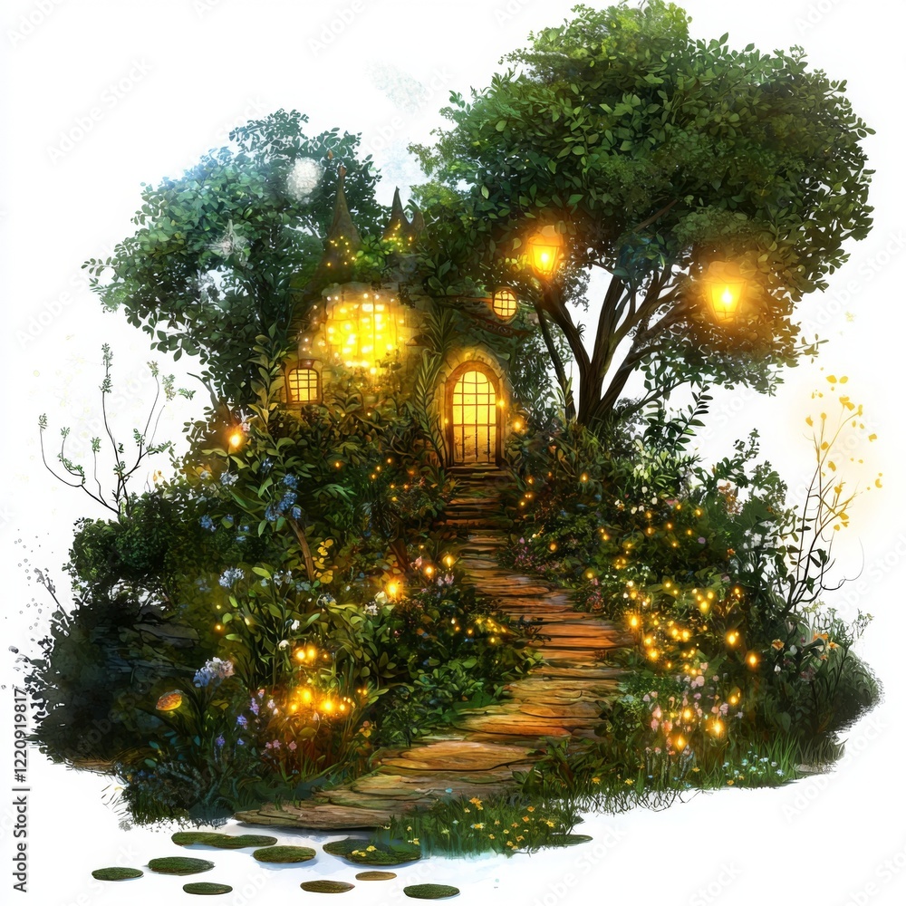Fototapeta premium Enchanted Garden Pathway Leading to a Magical Cottage Surrounded by Lush Greenery and Glowing Lights