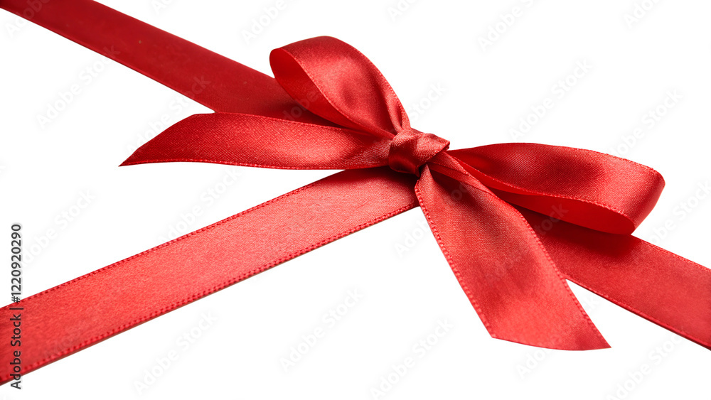 Red satin ribbon, shiny bow, gift wrapping, festive decoration, diagonal composition, white background, closeup detail, high contrast, crisp edges, holiday theme, glossy texture, vibrant color, isolat Red satin ribbon, shiny bow, gift wrapping, festive decoration, diagonal composition, white background, closeup detail, high contrast, crisp edges, holiday theme, glossy texture, vibrant color, isolat