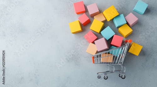 Colorful building blocks spilling from a shopping cart photo