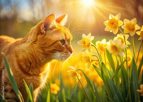 Panoramic Spring Scene: Orange Tabby Cat Sniffing Daffodils
