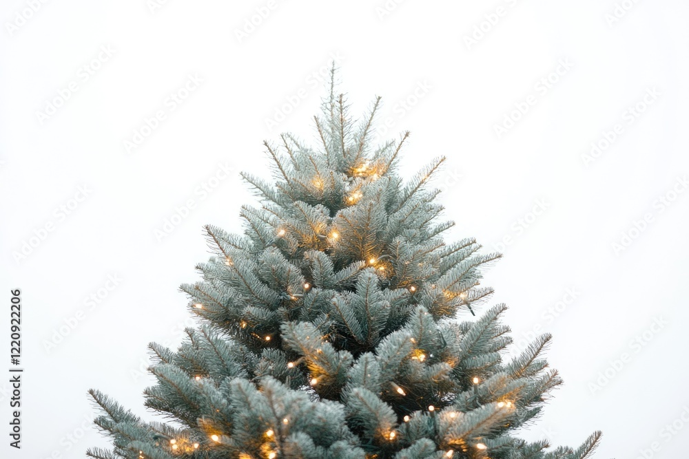 A frosted blue spruce Christmas tree adorned with warm, glowing lights against a bright white background. A frosted blue spruce Christmas tree adorned with warm, glowing lights against a bright white background.