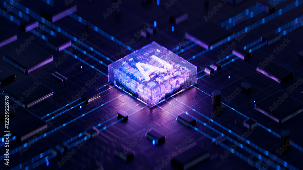 AI chip on a circuit board. Symbolizes technological advancement and artificial intelligence integration. 3d rendering, conceptual image.