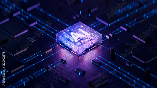 Obraz na płótnie AI chip on a circuit board. Symbolizes technological advancement and artificial intelligence integration. 3d rendering, conceptual image. w salonie
