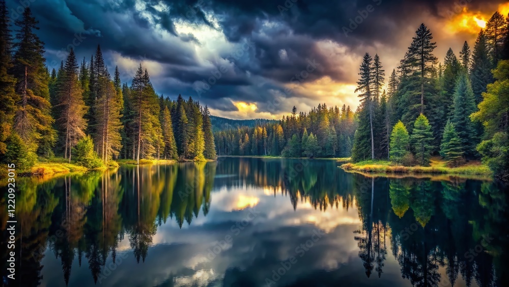 Panoramic View of a Dark Lake, Mysterious Forest, Dramatic Sky Panoramic View of a Dark Lake, Mysterious Forest, Dramatic Sky