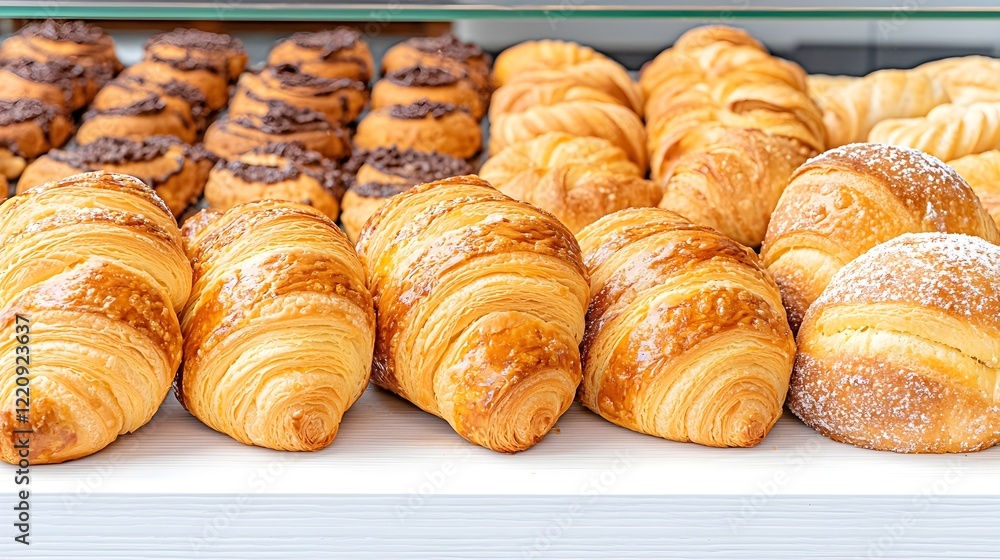 Freshly Baked Croissants and Pastries Displayed in Bakery Shop Freshly Baked Croissants and Pastries Displayed in Bakery Shop