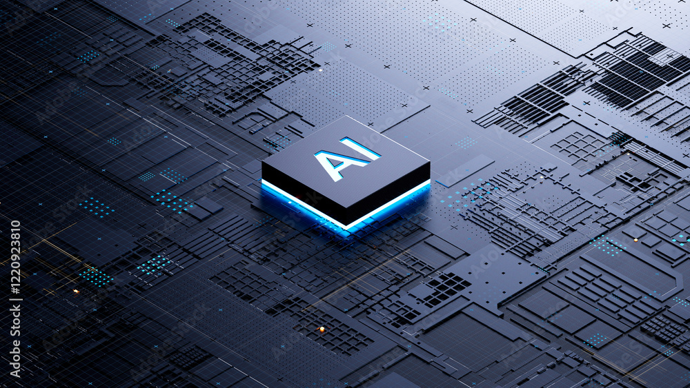 AI chip on a circuit board. Symbolizes technological advancement and artificial intelligence integration. 3d rendering, conceptual image.