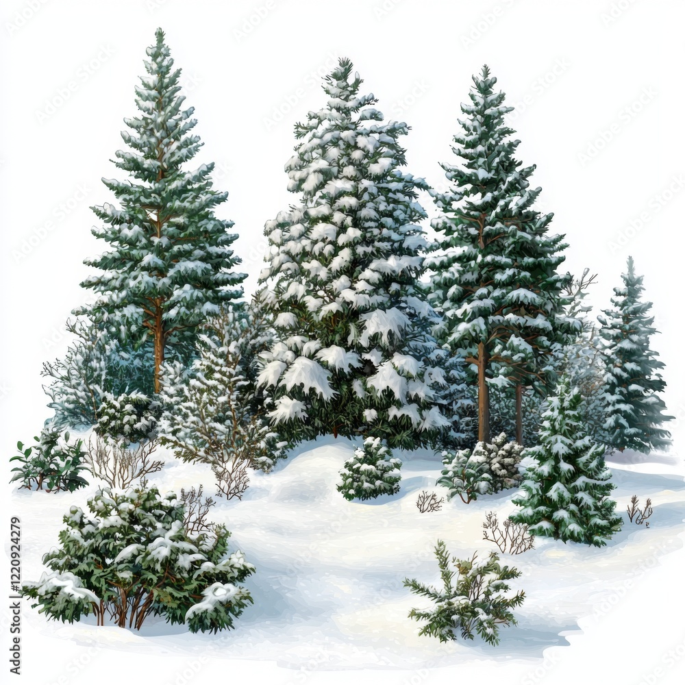 Obraz premium Snowy Winter Forest Scene with Evergreen Trees and Snow-Covered Ground in a Peaceful Natural Landscape