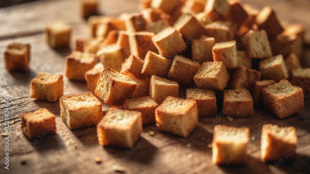 Cooked and crispy croutons on the table Cooked and crispy croutons on the table