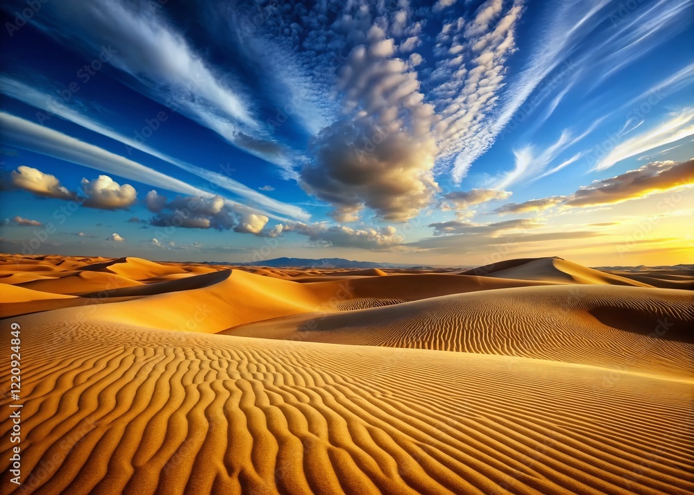 Naklejka premium Expansive Desert Dunescape: Clear Blue Sky, Gentle Sand Waves