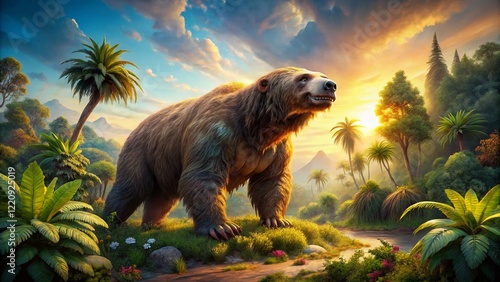 Panoramic View of Extinct Giant Ground Sloth in Ancient Landscape photo