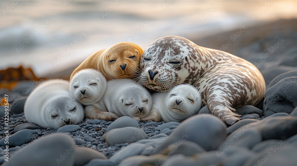 Obraz premium Adorable seal family cuddles on rocky beach at sunset.