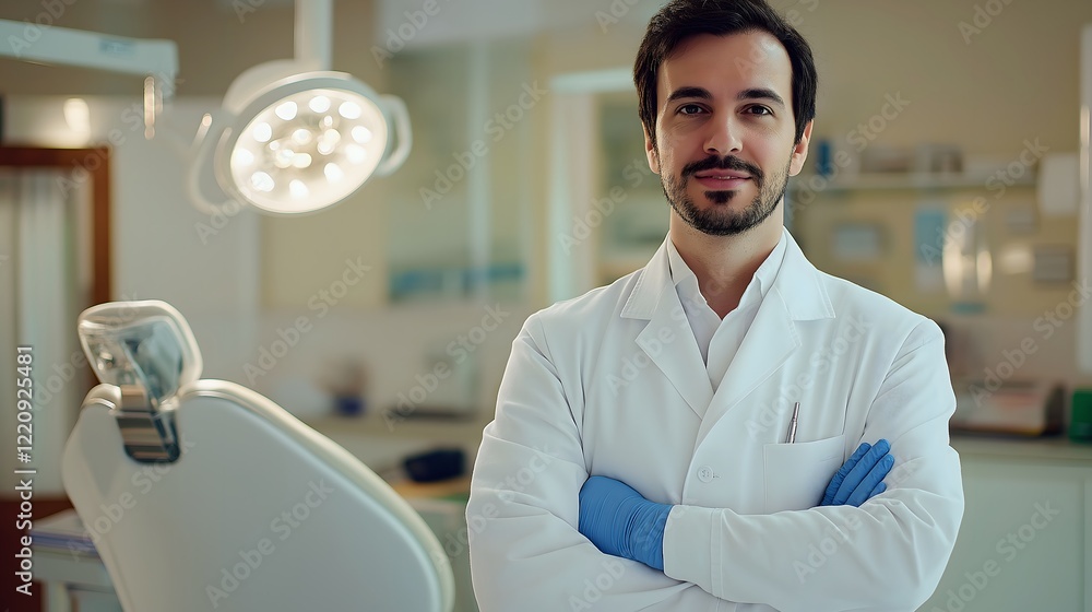 Obraz premium Dentist in white coat and gloves stands confidently in a modern dental clinic during a patient appointment