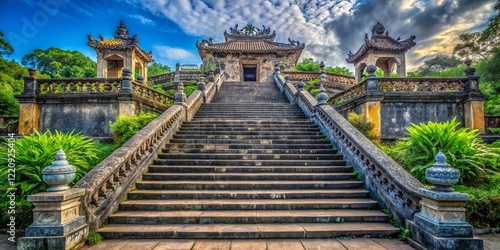 Panoramic View of Grandiose Stairs Leading to Khai Dinh Tomb, Hue, Vietnam