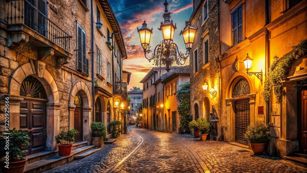 Obraz premium Panoramic View of Italian City Street at Night with Antique Chandelier Streetlight