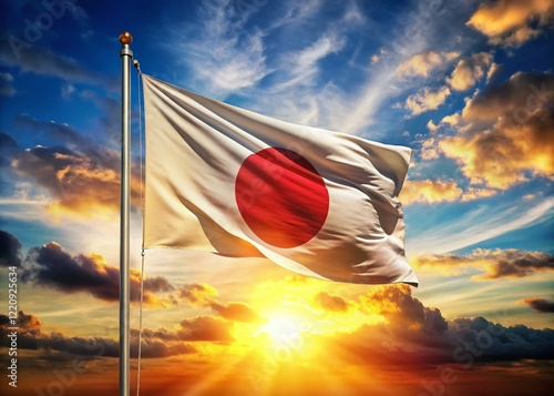 Panoramic View of Japanese Hinomaru Flag in Sunlight photo