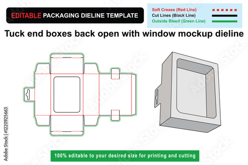 Tuck End Boxes Back Open with Window Mockup Dieline for Effortless Product Presentation, dieline template, packaging design, Custom box dieline, carton mockup, open box mockup